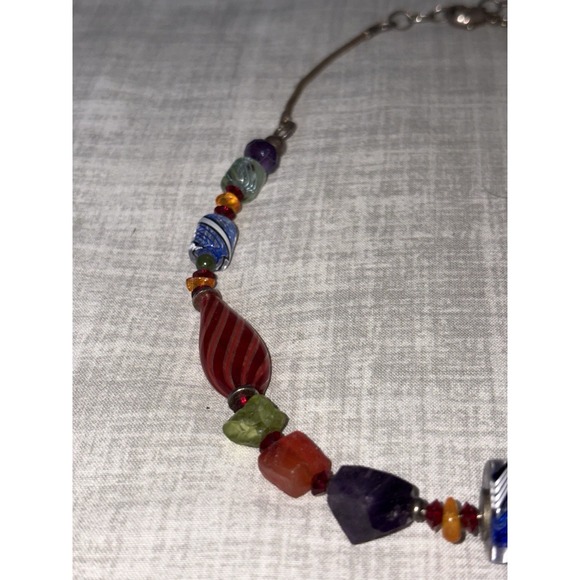 Sterling Silver Gemstone Art Glass Necklace Multicolor Chunky 925 - Picture 7 of 7